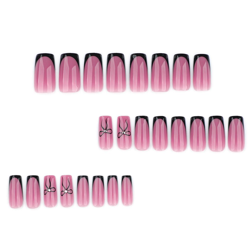Black French False Nails With Bowknot Design 24 Pieces Resin Comfortable Fit For Women