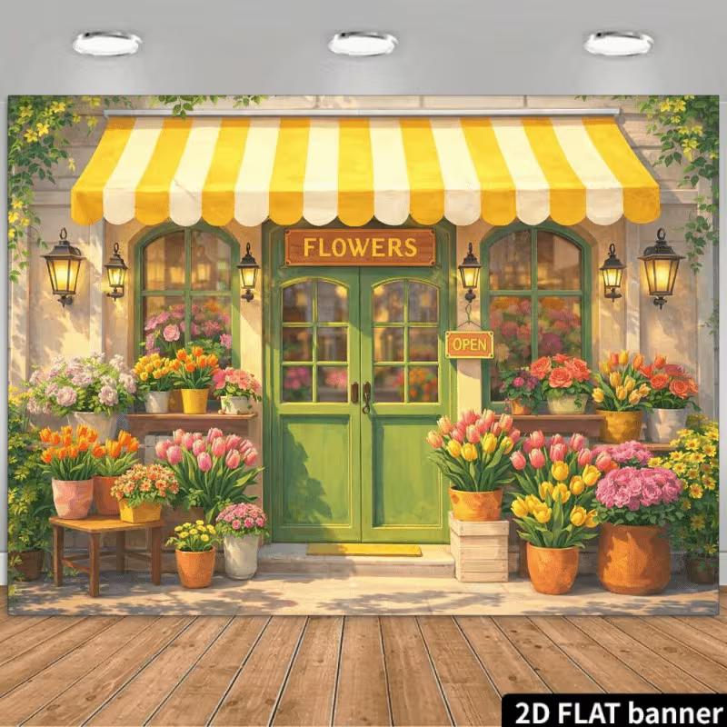 2D Bright Florist Shop with "OPEN" Sign Photography Background