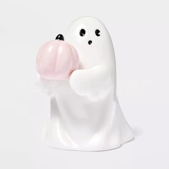 Halloween Ghost Figurine Cute Small Ghost Holding Bat/Pink Pumpkin Statue Resin Tabletop Ornament for Bookshelf Bedroom Home Decor