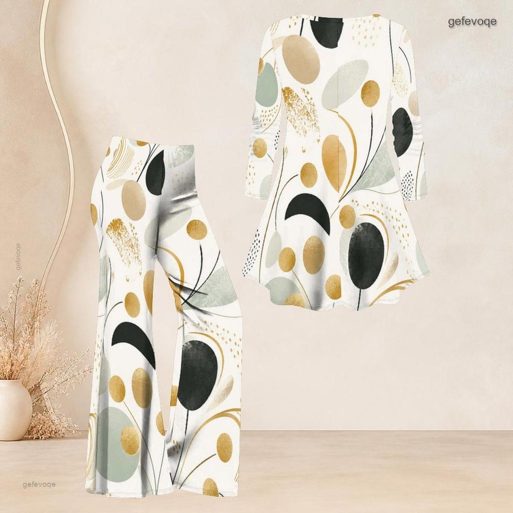 Women Plus Size Black Floral Printed V Neck Three Quarter Sleeve Flared Top Flared Pants Two Piece Set