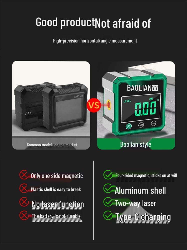 Cyfrowy inklinometr z poziomicą, laserem i magnetyczną podstawą