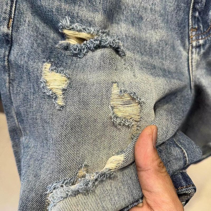 Hong Kong version of high-end cotton retro washed ripped denim shorts men's summer thin straight five-point pants