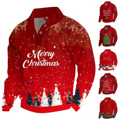 Men's Christmas Cotton Pullover Long Sleeve Outdoor Shirt Vintage Corduroy Button Stand Collar Shirt Casual Sweatshirt Christmas Print Top