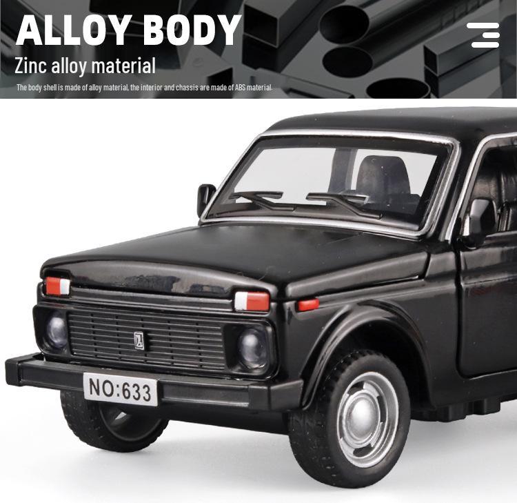 Boxed 1:32 Lada Jeep Alloy Car Model Toy with Pull-Back, Sound, and Light.