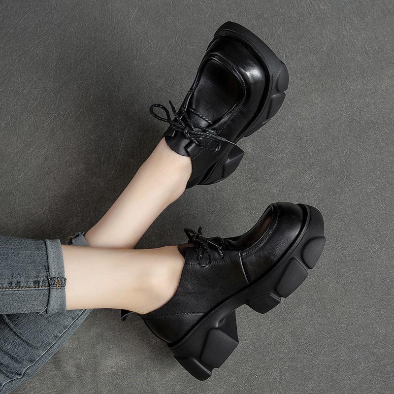 Shanghai Retro Platform Thick Sole Lace-Up Women's Loafers - Versatile, Fashionable, Height Increasing Cowhide Shoes