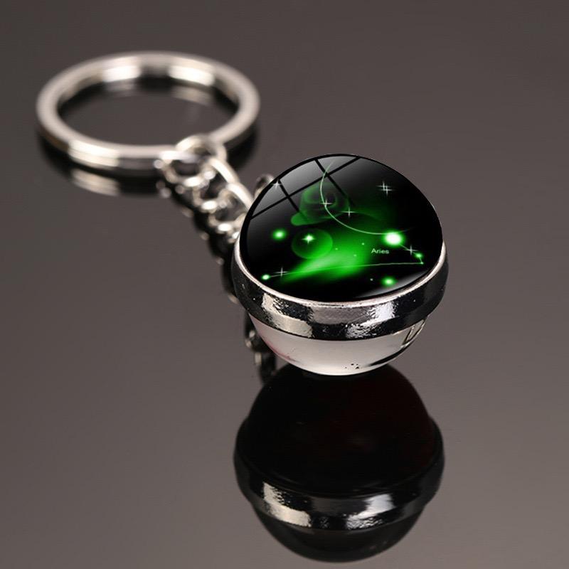 New Starry Sky Twelve Constellations Keychain Time Gemstone Double Sided Glass Ball Metal Keyring Bag Decoration Metal Keyholder