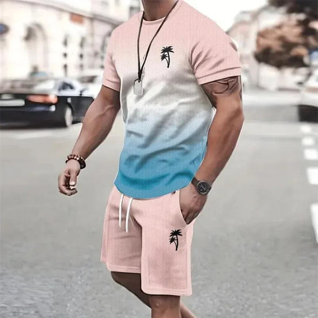 Letný módny set trička a šortiek Vysoký temperament Street Pánsky Pánsky 3D Krátky rukáv Voľný top Gradientný štýl s potlačou kokosu