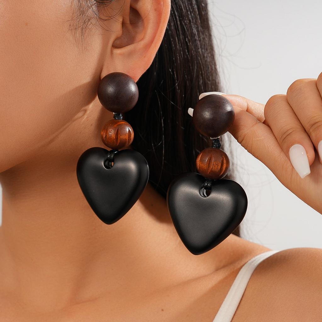 Dark Wind Personality Wood Round Love Silver Needle Earrings Fashion ins Earrings