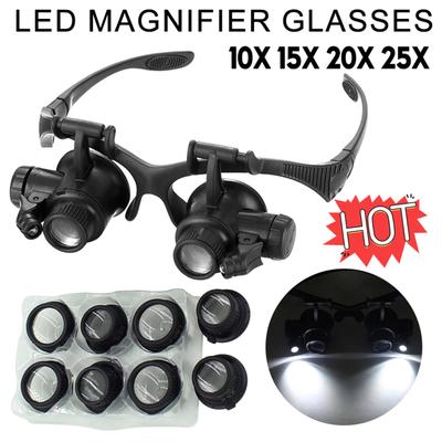 10X 15X 20X 25X LED Förstoringsglas Upplyst Dubbel Ögon Glas Juvelerare Lupp Reparation Pannband Förstorande För Närarbete Klockmakare