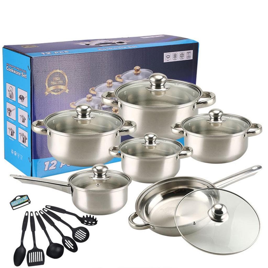 6x Pots and Pans Set Saucepan Sturdy Cookware for Indoor Camping Kitchen 12PCS Silver Handle