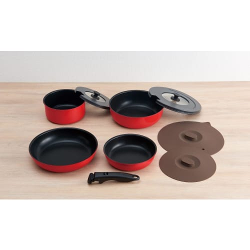 Thermos Durable Series 9-piece Frying Pan Set with Removable Handle CA for Gas Fire Bright Red KSC-9A BTR