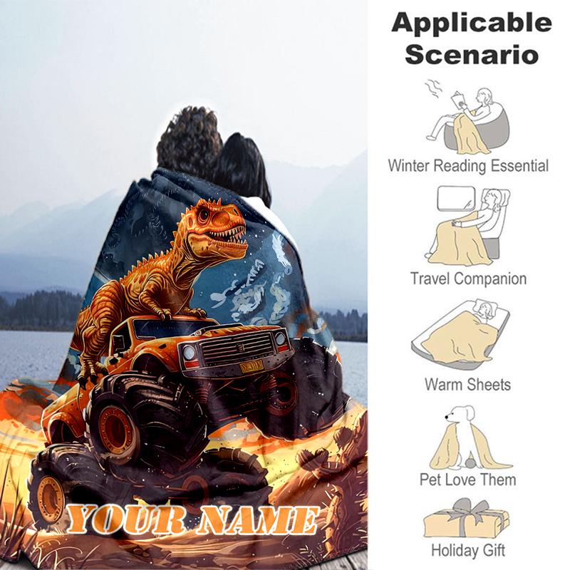 1PC Custom Name Dinosaur Monster Truck Adventure flannel blanket versatile,all-season throw suitable for the living room,bedroom,camping,travel,and gi