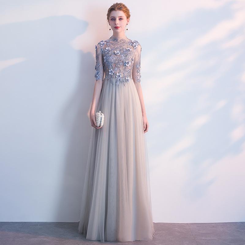 Graues Abendkleid 1011 neues Gastgeber-Bankett schlank sexy lang Performance Abschlussballkleid Kleid Frühling