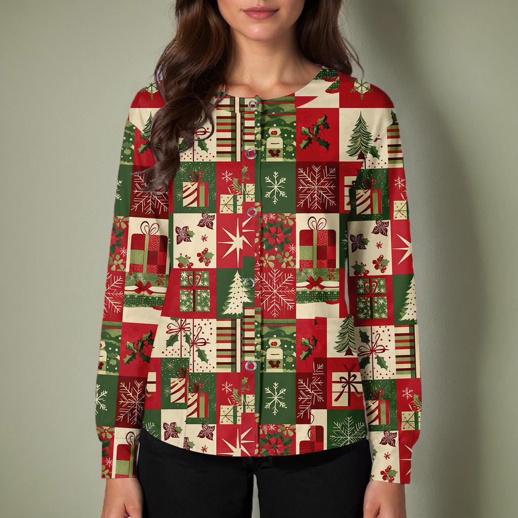 Women's Casual Long-sleeved Single-breasted Christmas Printed Protective Clothing Cardigan Top