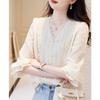 Off-white Long-sleeved V-neck Shirt for Women's Spring New Style Elegant National Style Retro Design Top