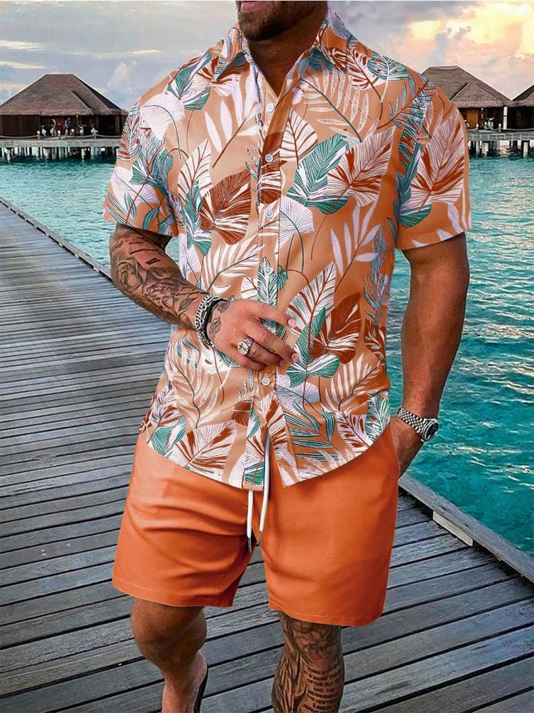 Sommer Strand 2-teiliges Hemd Set Herren Lässig Tropischer Print Kurzarmhemd Und Shorts Set Tropisches Hemd Herren Urlaubs Sets