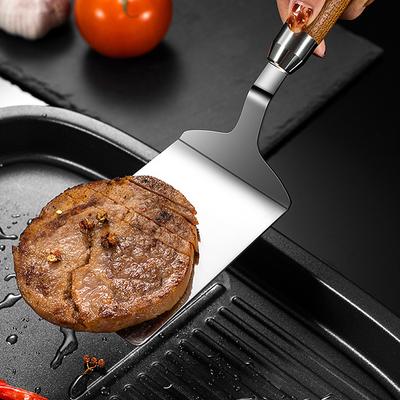 Spatola per pancake con raschietto per griglia in acciaio inossidabile con manico in legno