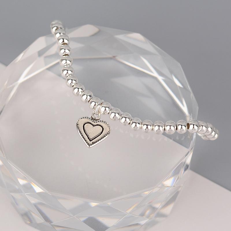 Simple Silver Round Bead Elastic Rope Love Pendant Bracelet Women'S High Sense Versatile Student Jewelry Trend