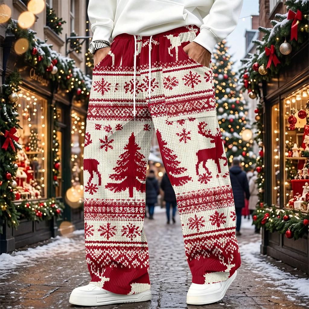 Pantaloni da uomo casual in velluto a coste, vestibilità larga, gamba dritta, con stampa natalizia e vita elasticizzata