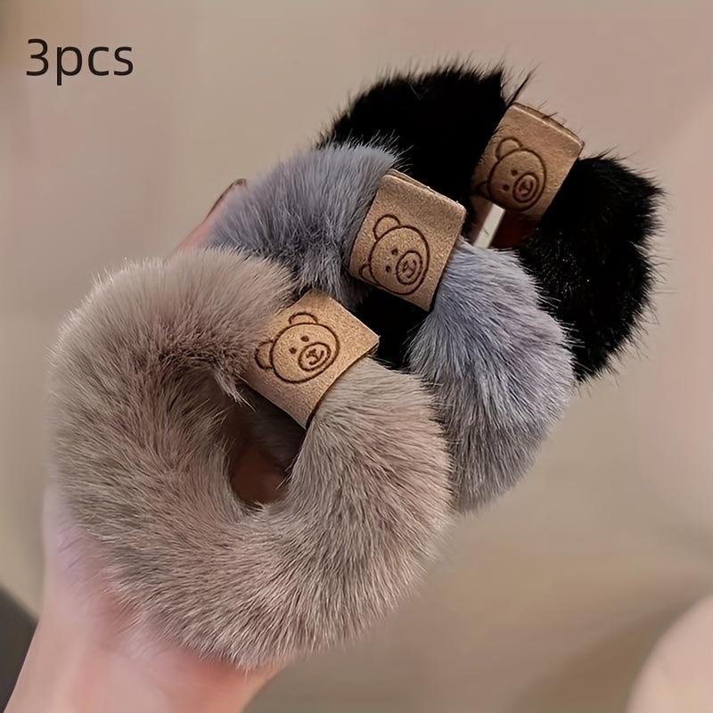 

3pcs Plush Bear Hair Ties High Elasticity Soft Durable Scrunchie for Ponytails Buns Vintage Black Autumn Winter Cute Design
