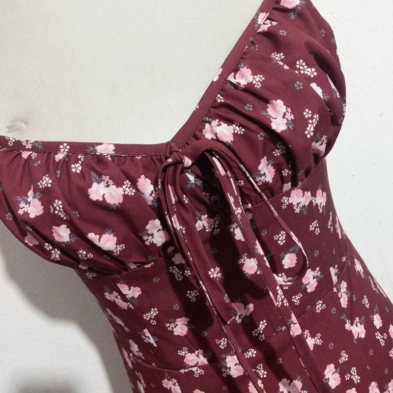 

Pleated Sexy Fashion Floral Mid-Length Dress Sling Burgundy 2XL