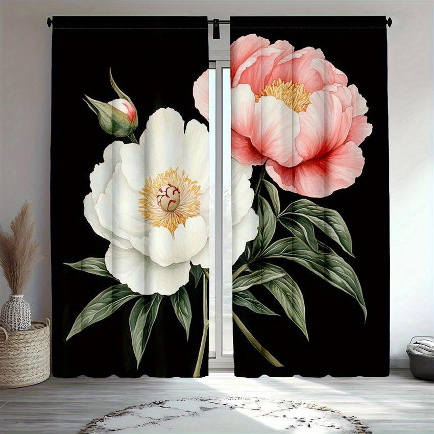 2pcs Elegant Floral Blackout Curtains - Vibrant Peonies and Wildflowers Design   Semi-Transparent Polyester Drapes for Kitchen