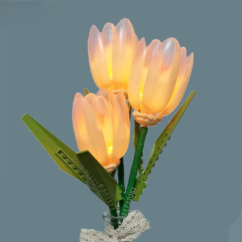 Tulip Bouquet Flower Decoration Lighted Tulip Building Block Eternal Flower Assembly Valentine's Day Gift for Girls Friends