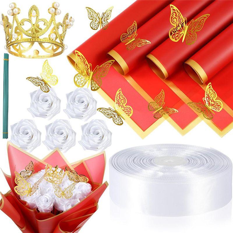 M-Modern-Artificial Roses Bouquet Flowers Bouquet Wrapping Paper Flower Wrapping Paper White