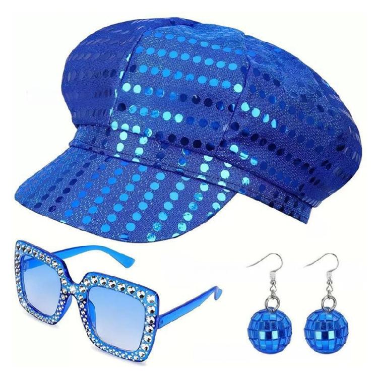 3Pcs/Set 70s Women s Disco Accessories Disco Costumes Disco Sequins Caps Ball Earrings Disco Earring Sunglasses Set королевский синий