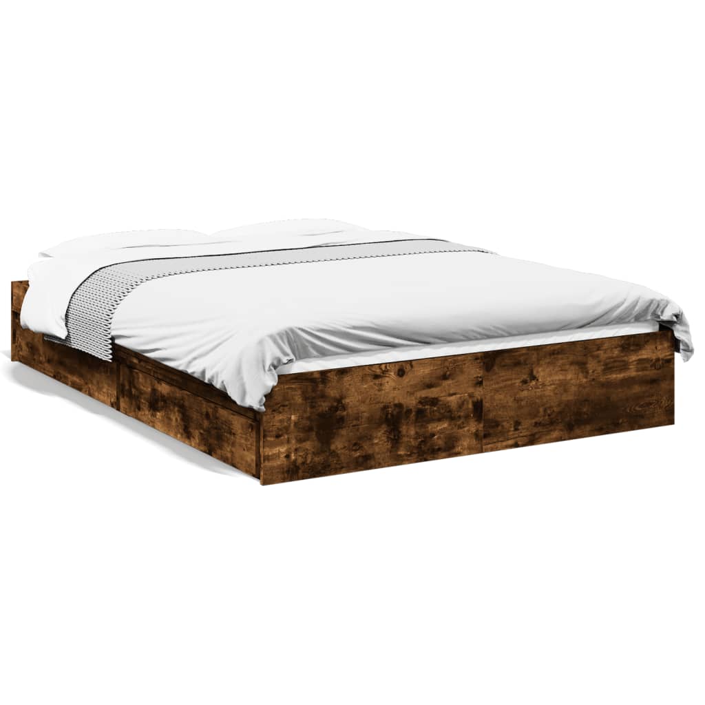Bed Frame with Drawers Smoked Oak Finish 135 X 190 Cm Engineered Wood