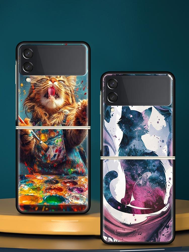 Cute Cat Hard PC Phone Case For Samsung Galaxy Z Flip 7 6 5 4 Black Cover For Galaxy Z Flip 3 Foldable Shell Fundas Capas Coque