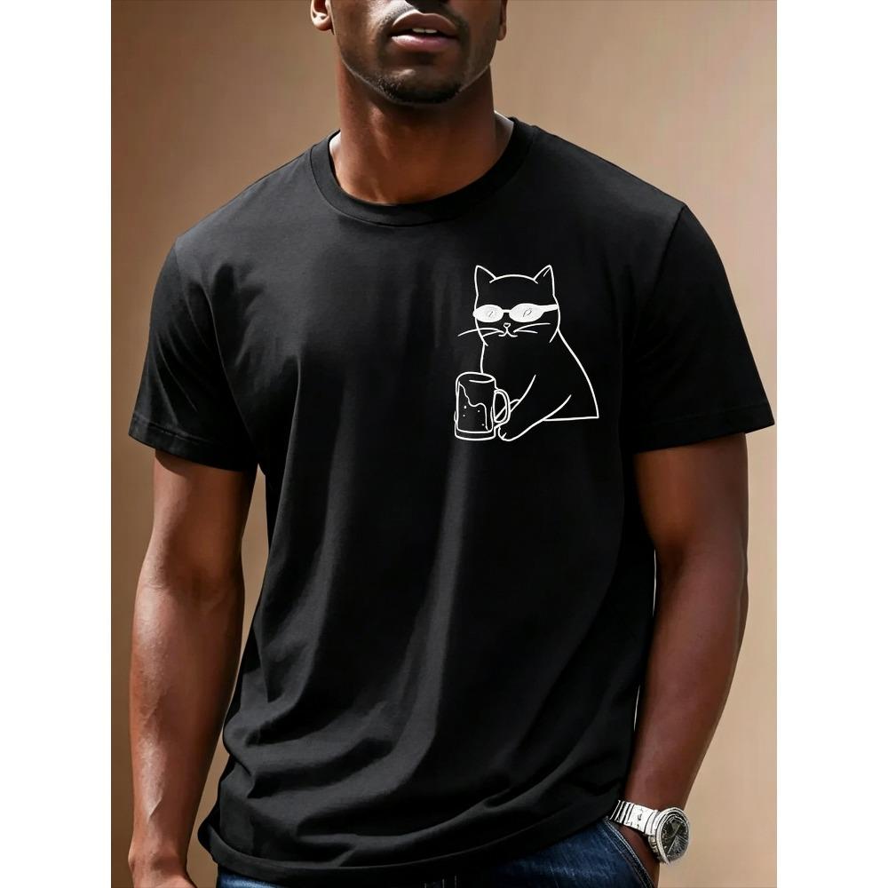 Minimally Drinking Cat Print Pattern Men Summer Cotton T-shirt Fashionable Comfortable Soft Breathable Casual Loose Versatile T-shirt