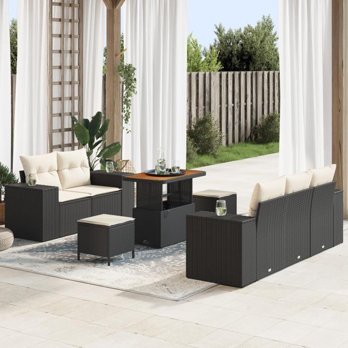 Ensemble de Canapés de Jardin 8 Pièces avec Coussins Noir Poly Rattan Acacia, Ensemble de Salle à Manger de Jardin 3 Pièces 3361950