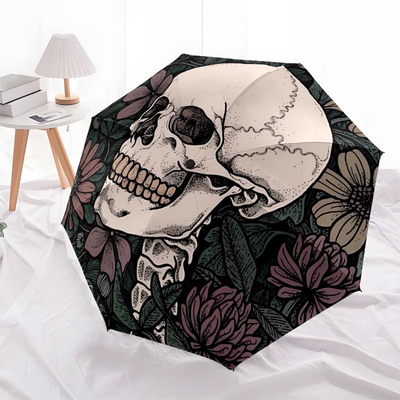 1pc Skull Flowers Fashionable Automatic Opening/Closing Folding Umbrella with 8 Bones, Windproof Portable, Daily Use326
