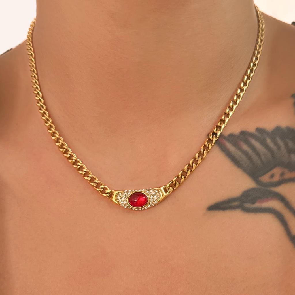 High-end Charm Stainless Steel Cat's Eye Stone Necklace Vintage Style Ancient Geometric Link Chain Choker