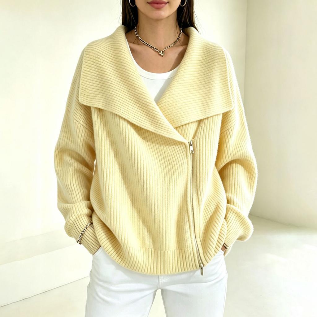 Women's Double Zipper Knit Cardigan Sweater with Lapel Collar for Casual Fashion