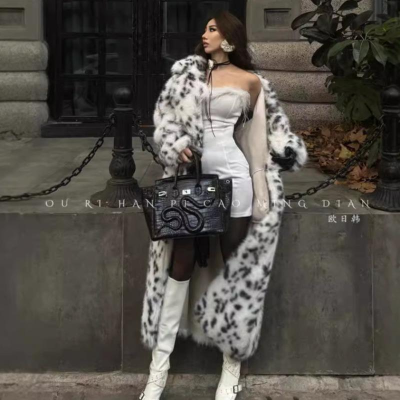 Bobcat Pattern Imitation Fox Fur Jacket Women's Thickened Environmentally Friendly Hair Long Leopard Print Suit Collar Fur Coat Light Luxury