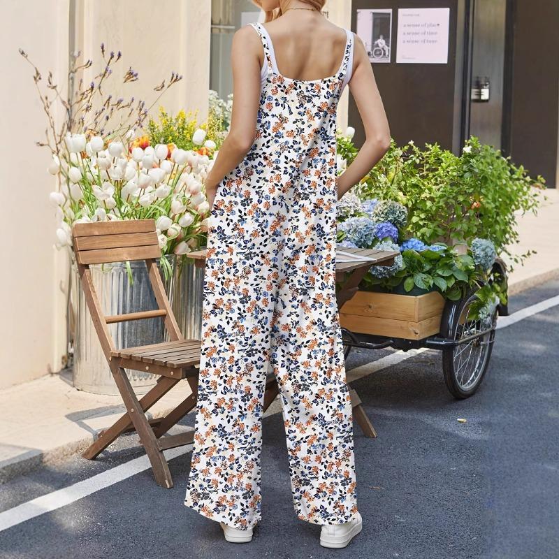 DAFIFY Women's Fashion Casual Summer Spring Flower Pattern Print Sleeveless Suspenders Loose Waistline Trousers Jumpsuits & Rompers
