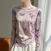 Spring and Summer New Style Elegant Loose-Fitting Top with Side Drawstrings Long-Sleeved Knitted T-Shirt Women's Printed Lightweight Blouse