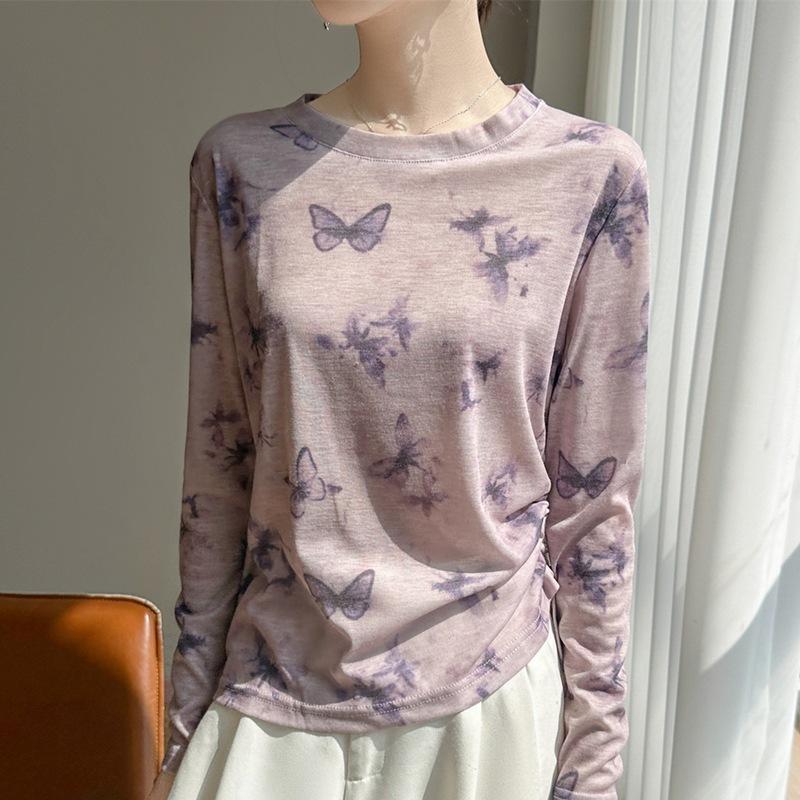 Spring and Summer New Style Elegant Loose-Fitting Top with Side Drawstrings Long-Sleeved Knitted T-Shirt Women's Printed Lightweight Blouse