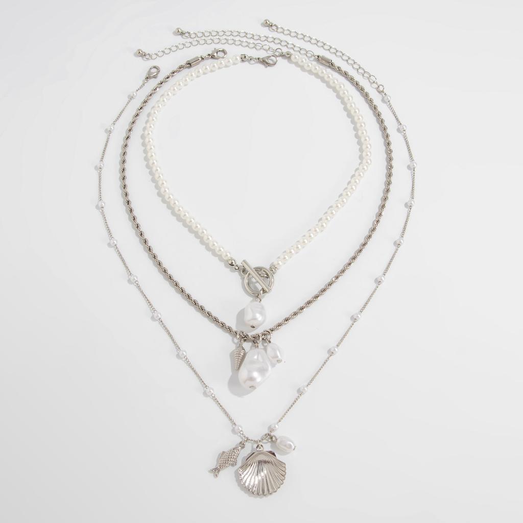 Boho Irregular Imitation Pearl Scallop Fish Pendant Necklace Multi Layer Gold Metal Ethnic Girl Jewelry