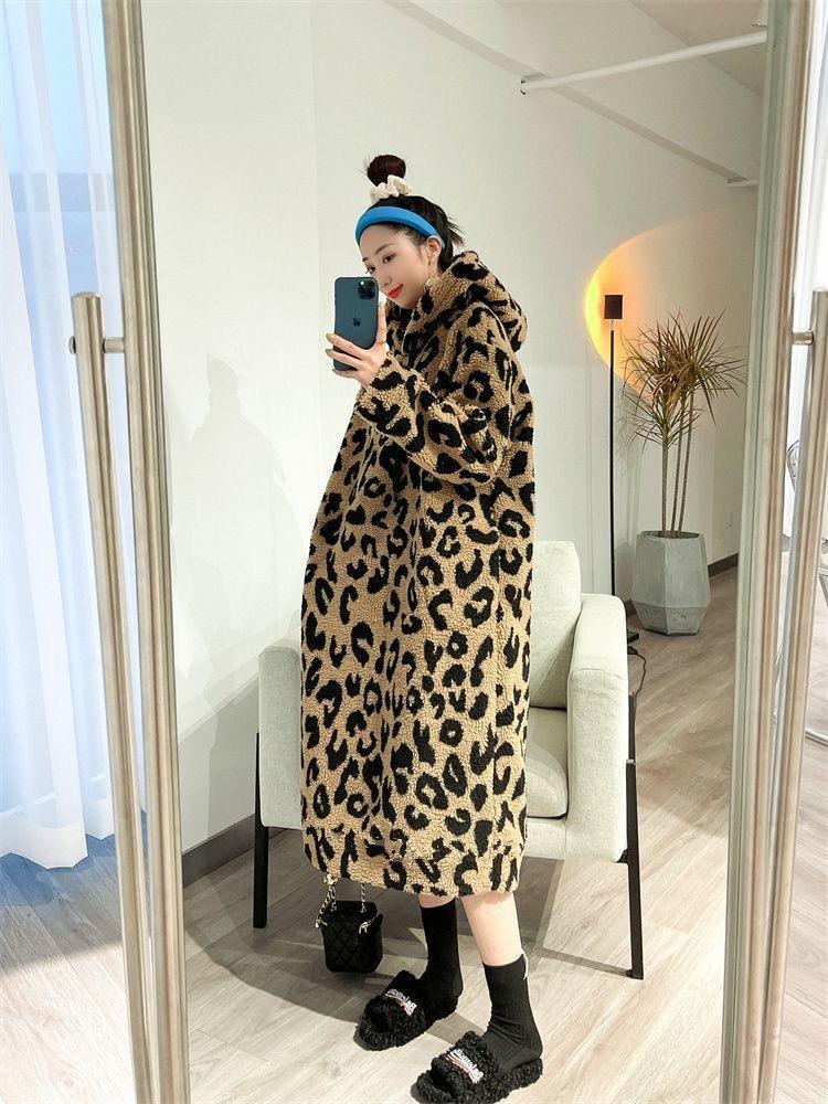 Leopard Print Sherpa Mid-Length Sweatshirt Dress