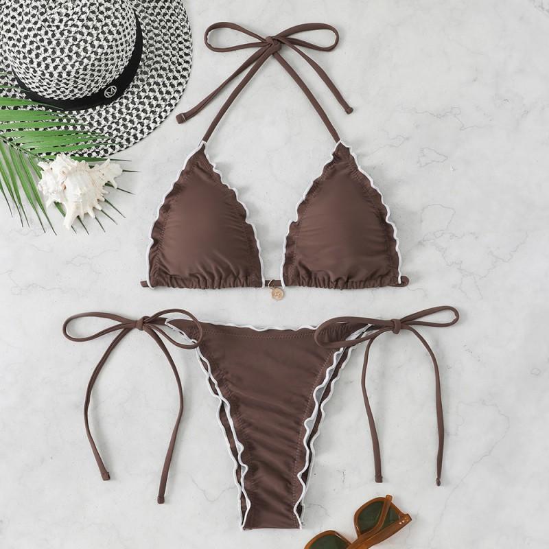 Split Neck Gathered Lace Bikini Swimsuit Women Sexy L коричневый