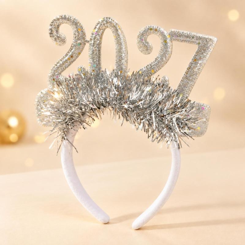 Christmas Hair Accessory Metallic Fringe and 2027 Numerals Headdress for Party Outfits, Holiday Photos, and Gift Exchanges