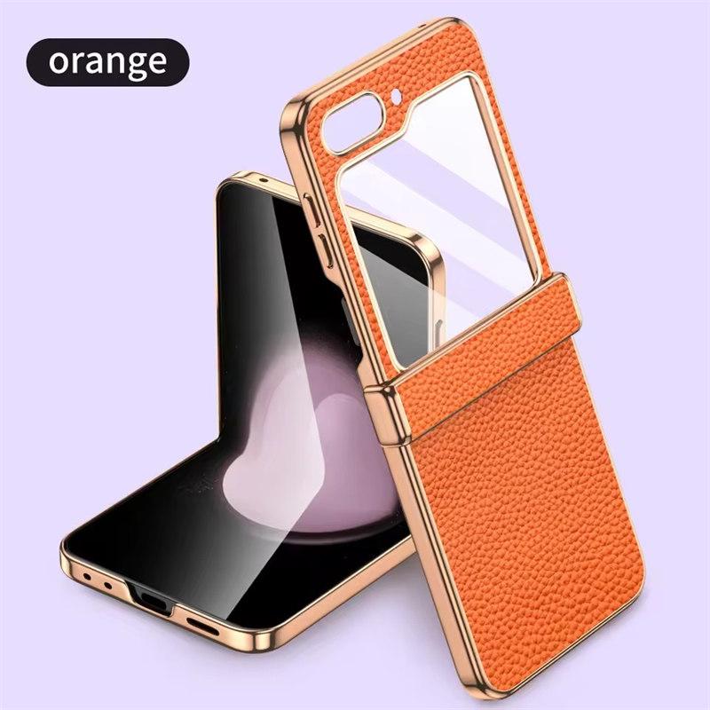 Telefonveske av okseskinn til Samsung Galaxy Z Flip6 Flip5 Flip 6 5 ZFlip5 Luksus hengselbeskyttelsesdeksel med herdet glass