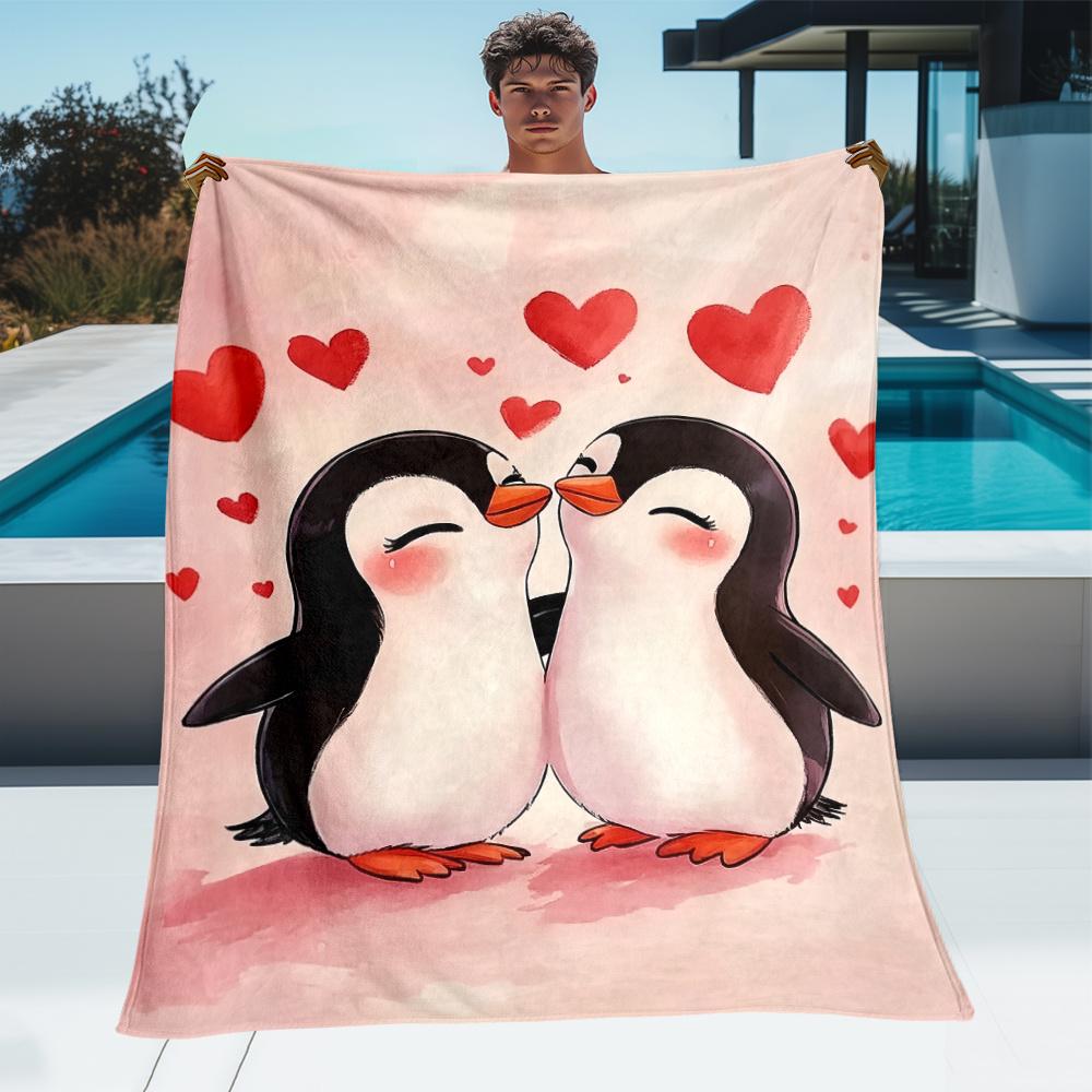 

Cute Penguin Couple Love Hearts Fleece Blanket Soft Flannel Throw Valentine Gift For Couples Cozy Bedding Home Decor Warm Winter 75x100cm (30x40inch)