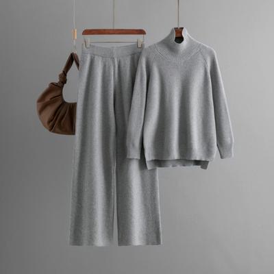 Women's Casual Fashion Solid Color Set Long Sleeved High Neck Knitted Sweater Elastic Waist Wide Leg Pants Two-piece Set for Autumn and Winter