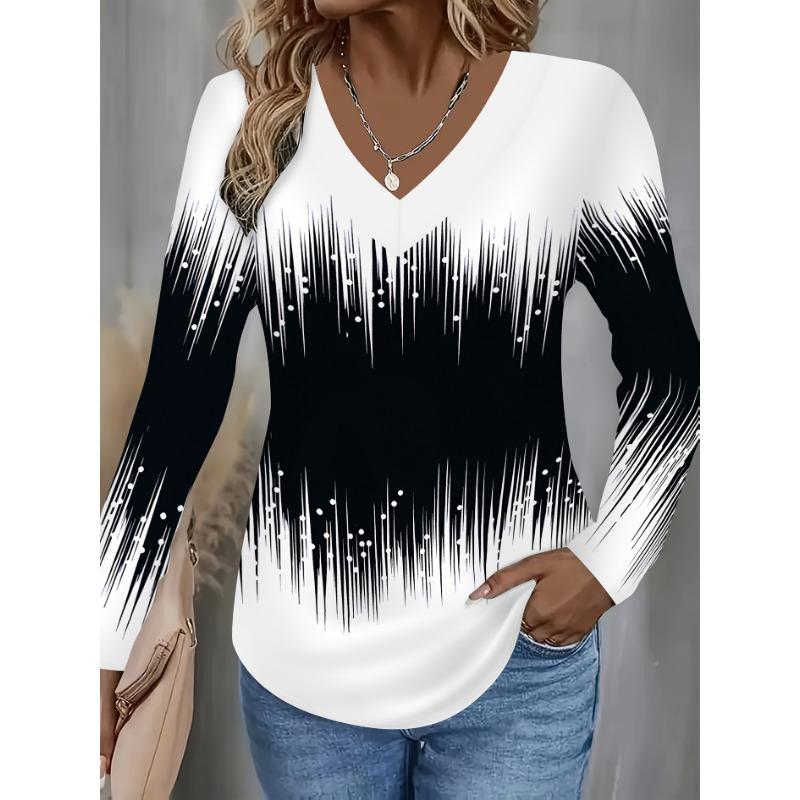 Women's Basic V-Neck Long Sleeve,Black and White Printed Polyester Relaxed Fit Tee Shirt,Spring Autumn Casual Comfort Tops