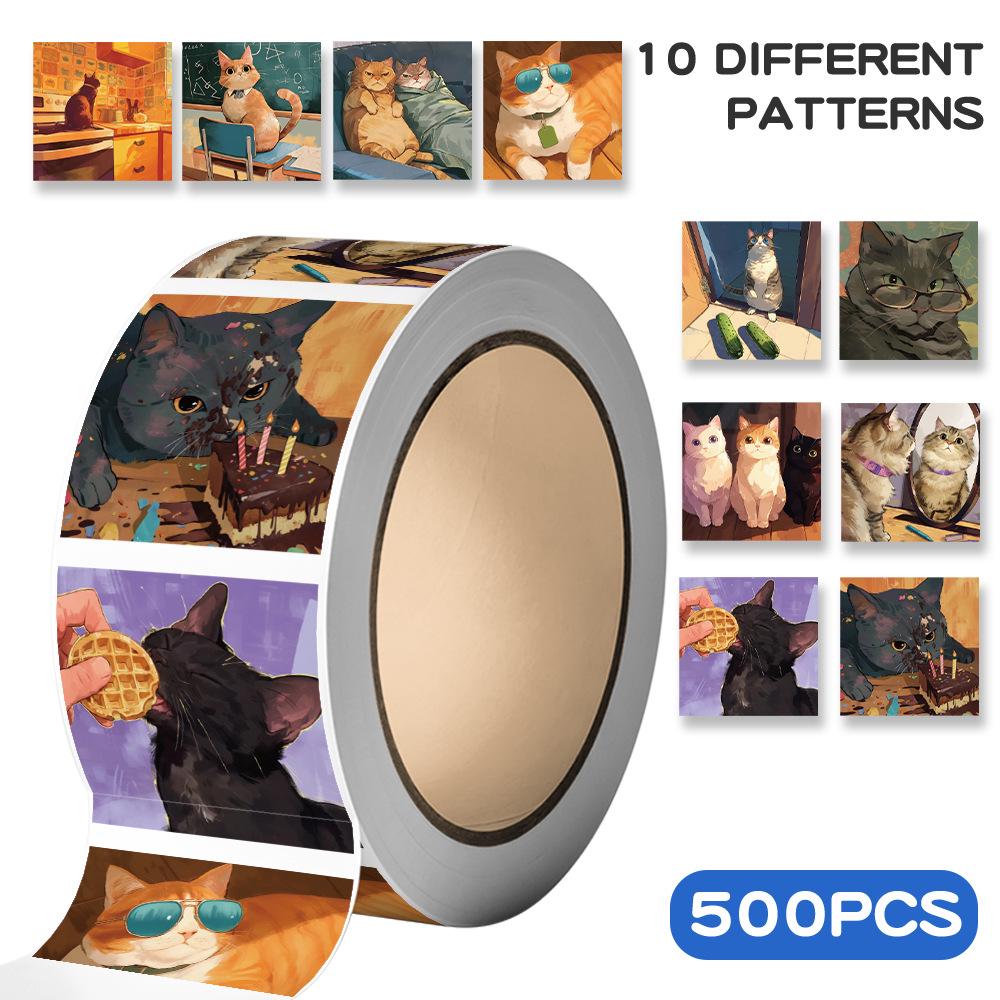 Cartoon Cat Stickers: 500 Sheets/Roll for DIY Journals, Decoration, Envelope Sealing.