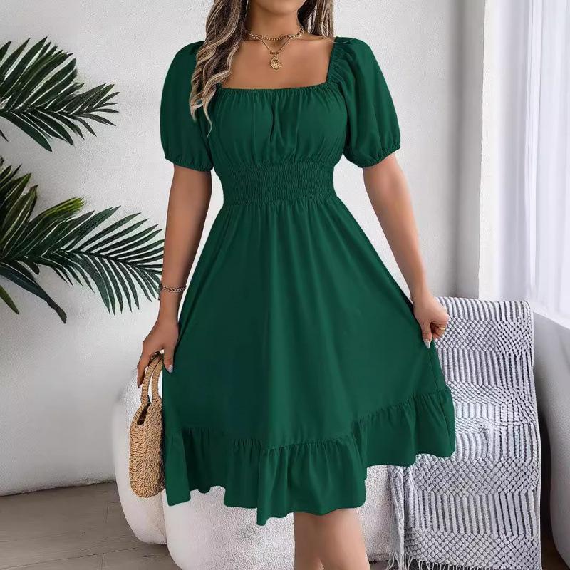 Women's Square Neck Puff Sleeve Midi Dress, Smocked Waist Ruffle Hem A-Line Casual Dress for Spring and Summer